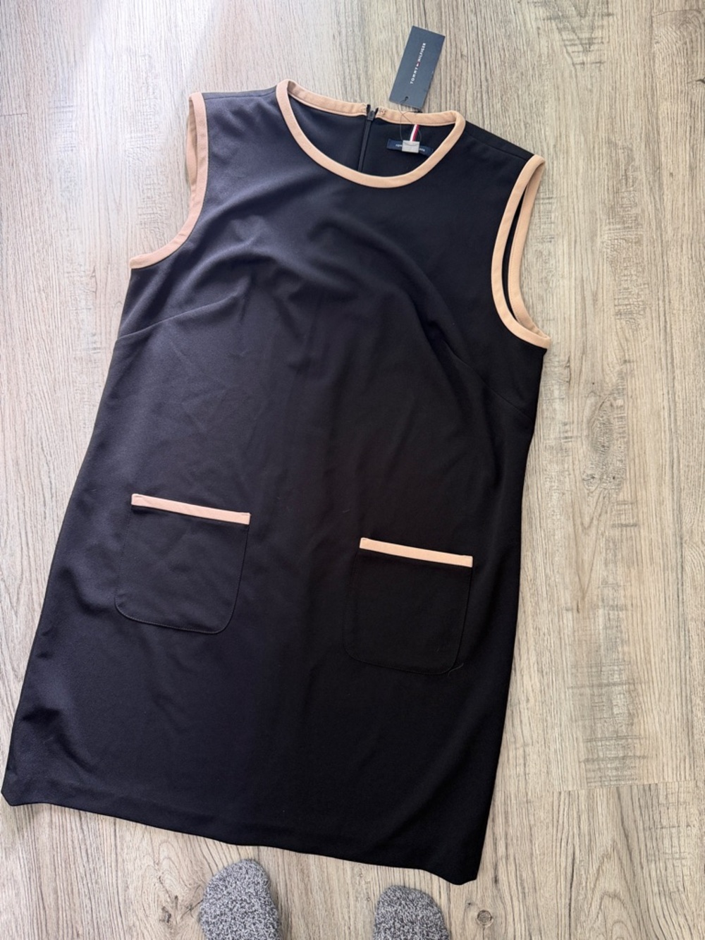 Tommy Hilfiger Black Shift Dress with Beige Trim